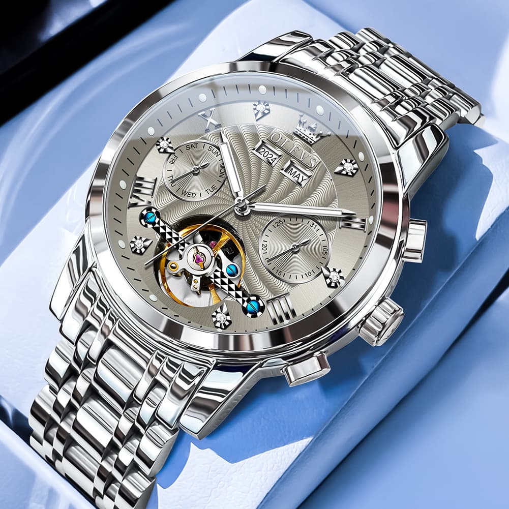 OLEVS 7088 Open Heart Roman Numeral Automatic Watch For Men - Silver Grey Watch | Olevs Watch Store