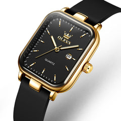 OLEVS 7089 Silicone Strap Watch Retro Square Date Quartz Sport Luxe Timepiece for Women - Gold Black | Olevs Watch Store
