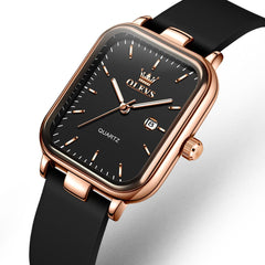 OLEVS 7089 Silicone Strap Watch Retro Square Date Quartz Sport Luxe Timepiece for Women - Rose Gold Black | Olevs Watch Store