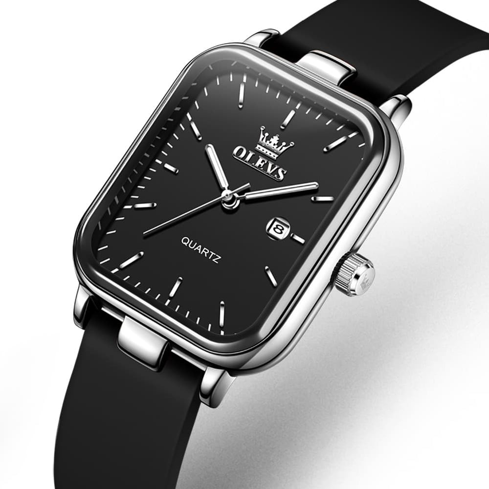 OLEVS 7089 Silicone Strap Watch Retro Square Date Quartz Sport Luxe Timepiece for Women - Silver Black | Olevs Watch Store
