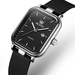 OLEVS 7089 Silicone Strap Watch Retro Square Date Quartz Sport Luxe Timepiece for Women - Silver Black | Olevs Watch Store