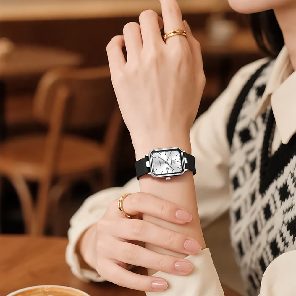 OLEVS 7089 Silicone Strap Watch Retro Square Date Quartz Sport Luxe Timepiece for Women - Silver White | Olevs Watch Store