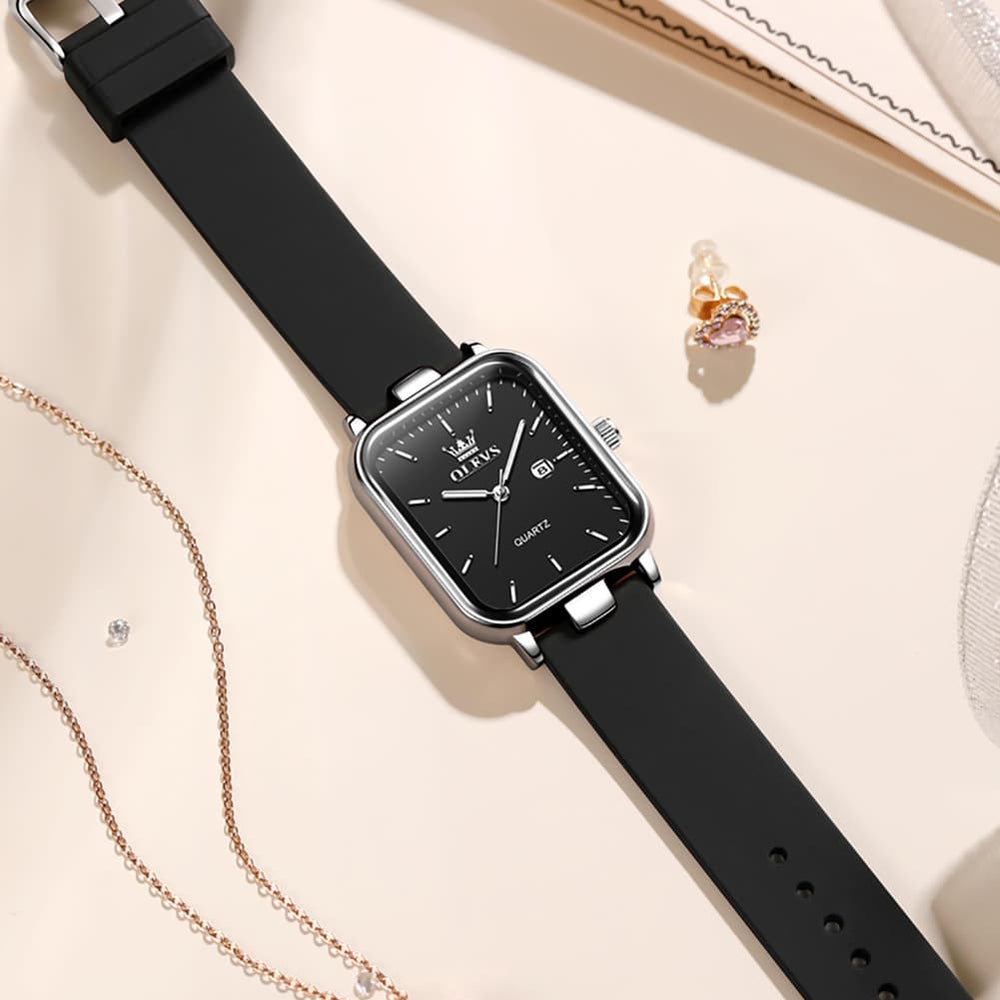 OLEVS 7089 Silicone Strap Watch Retro Square Date Quartz Sport Luxe Timepiece for Women - Silver White | Olevs Watch Store