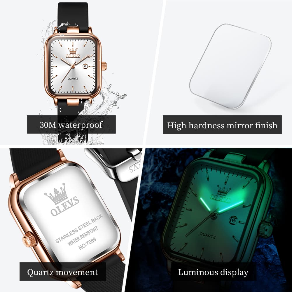 OLEVS 7089 Silicone Strap Watch Retro Square Date Quartz Sport Luxe Timepiece for Women - Silver White | Olevs Watch Store