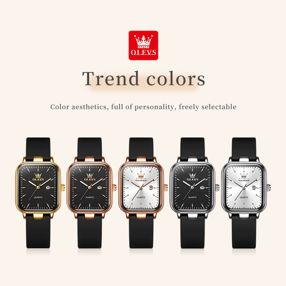 OLEVS 7089 Silicone Strap Watch Retro Square Date Quartz Sport Luxe Timepiece for Women - Silver White | Olevs Watch Store