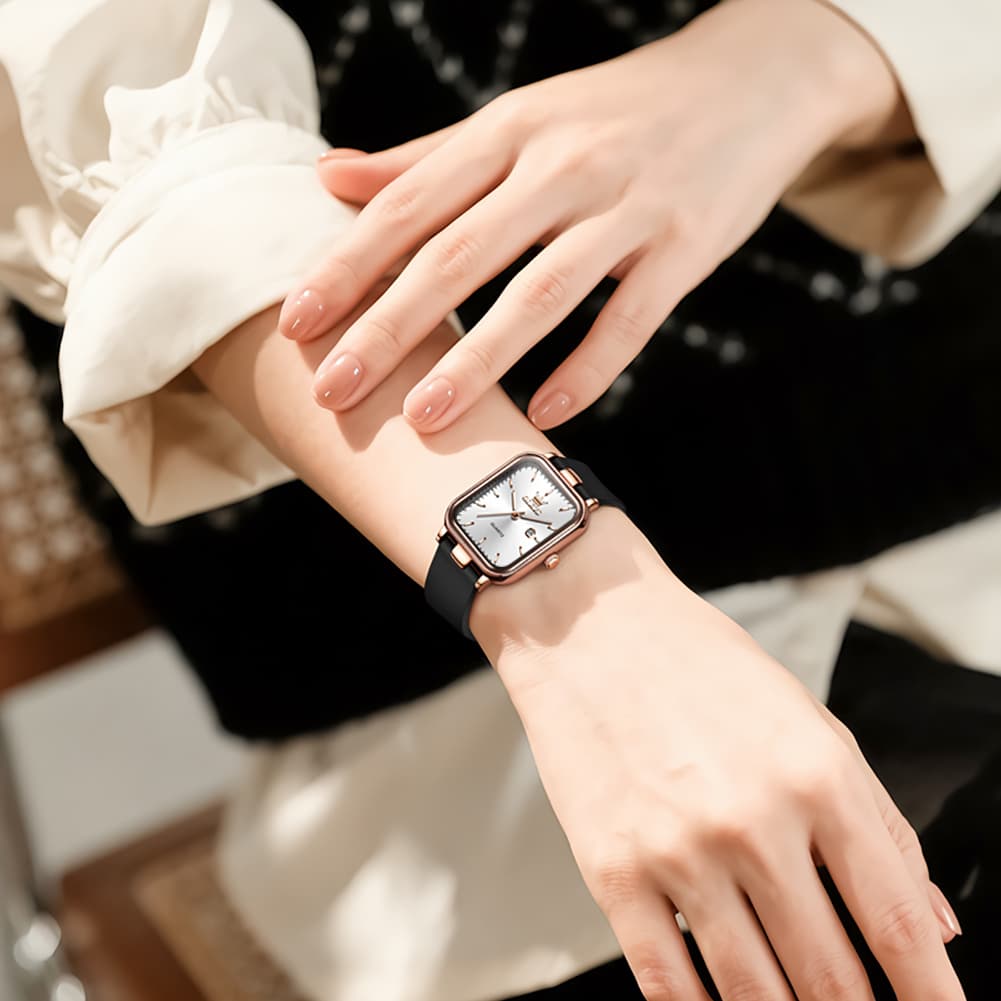 OLEVS 7089 Silicone Strap Watch Retro Square Date Quartz Sport Luxe Timepiece for Women - Silver White | Olevs Watch Store