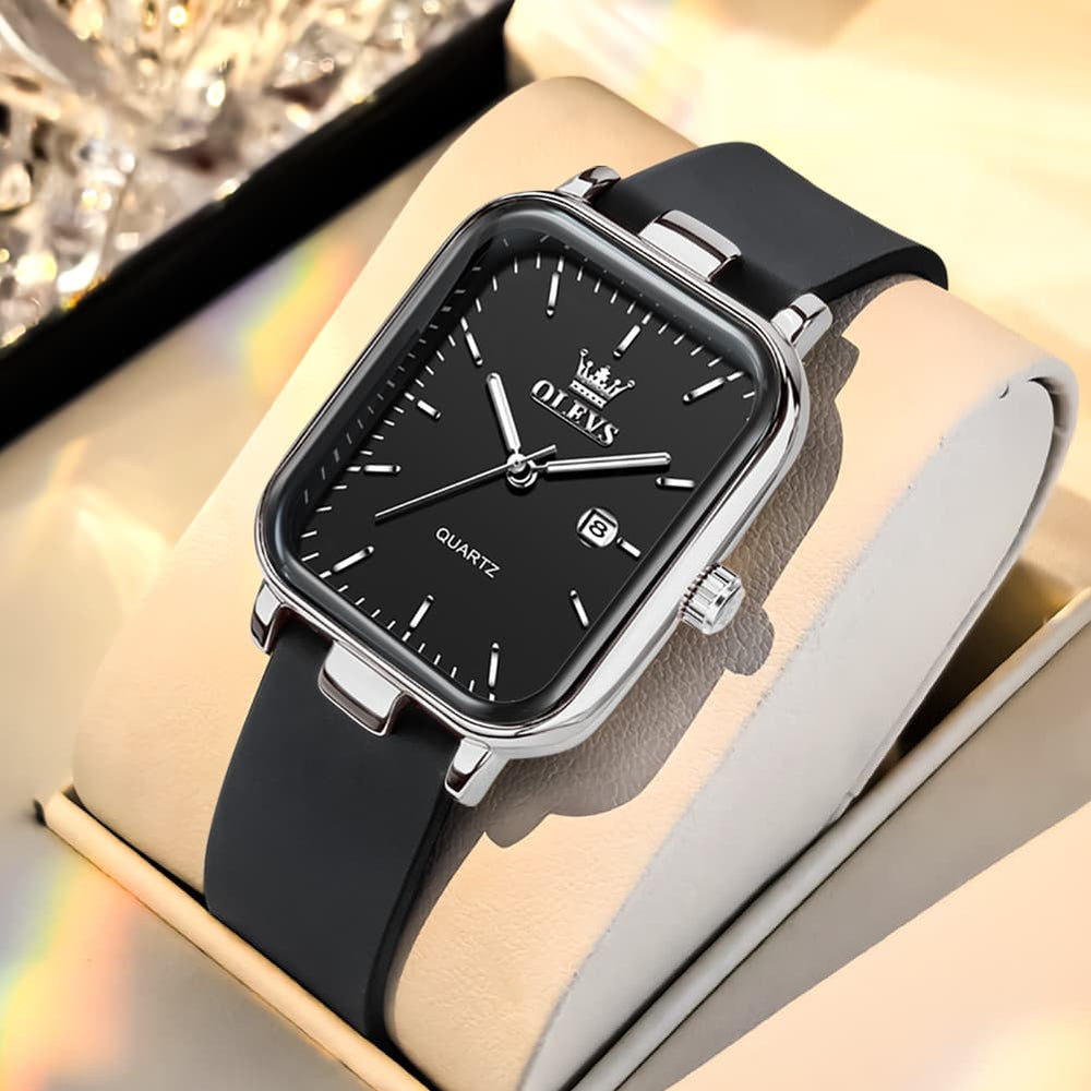 OLEVS 7089 Silicone Strap Watch Retro Square Date Quartz Sport Luxe Timepiece for Women - Silver White | Olevs Watch Store
