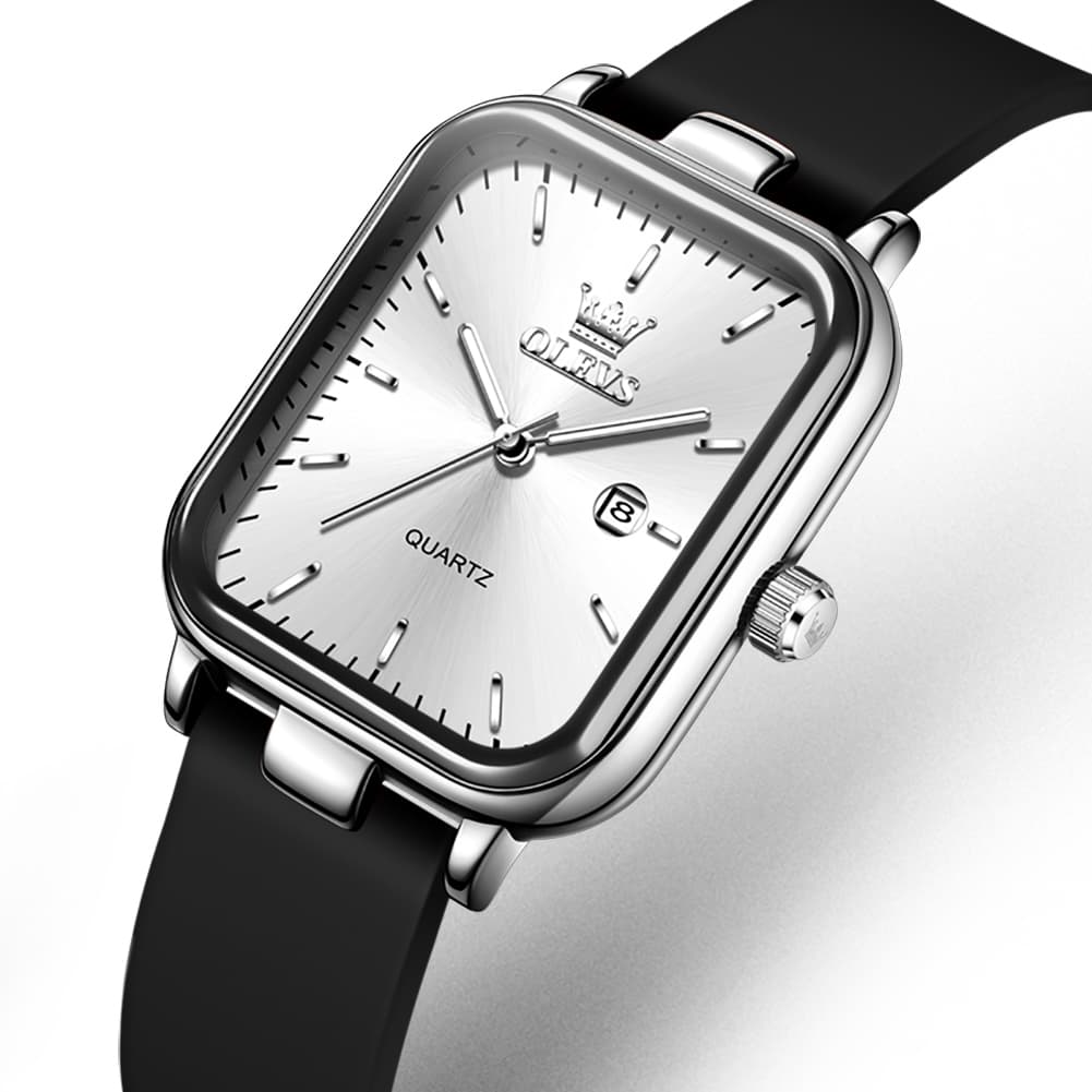 OLEVS 7089 Silicone Strap Watch Retro Square Date Quartz Sport Luxe Timepiece for Women - Silver White | Olevs Watch Store