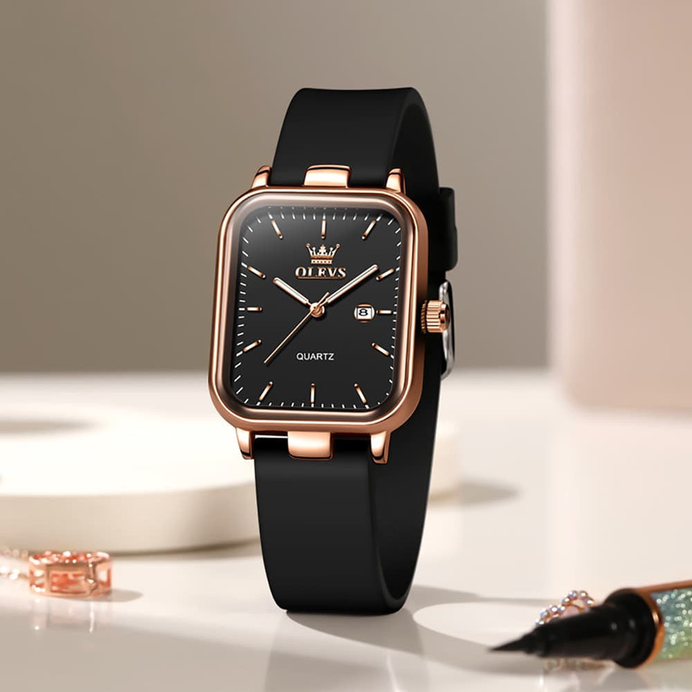 OLEVS 7089 Silicone Strap Watch Retro Square Date Quartz Sport Luxe Timepiece for Women - Silver White | Olevs Watch Store