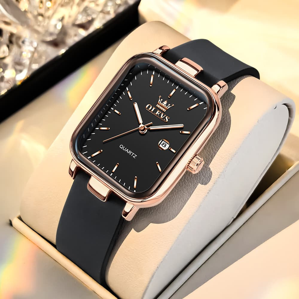 OLEVS 7089 Silicone Strap Watch Retro Square Date Quartz Sport Luxe Timepiece for Women - Silver White | Olevs Watch Store