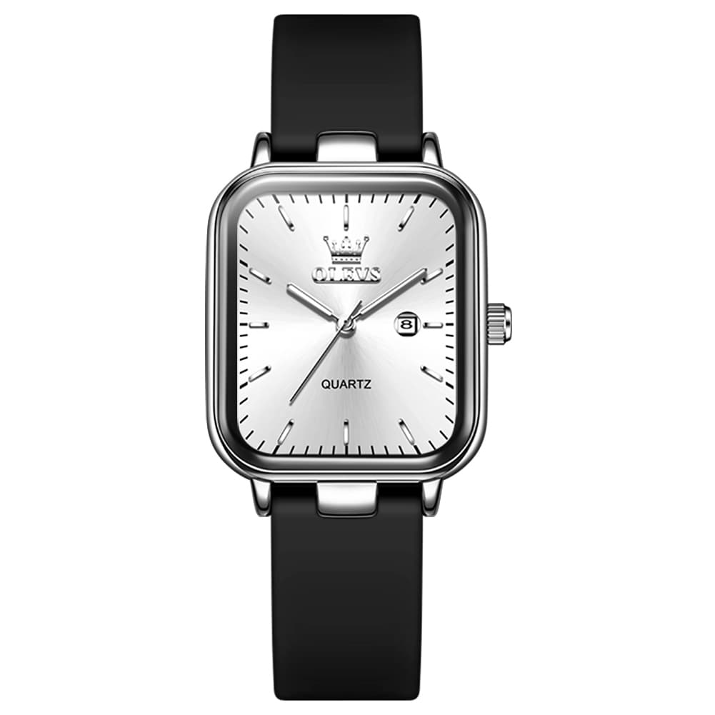 OLEVS 7089 Silicone Strap Watch Retro Square Date Quartz Sport Luxe Timepiece for Women - Silver White | Olevs Watch Store