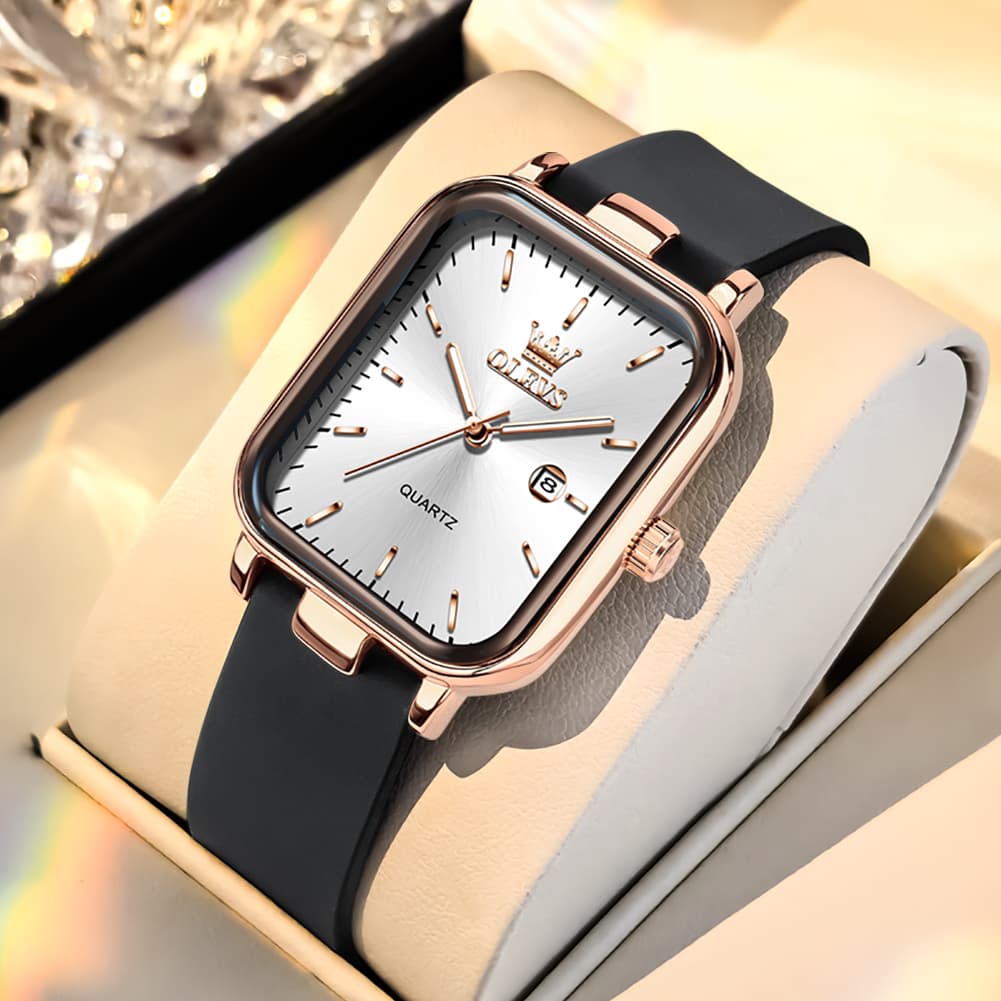 OLEVS 7089 Silicone Strap Watch Retro Square Date Quartz Sport Luxe Timepiece for Women - Silver White | Olevs Watch Store