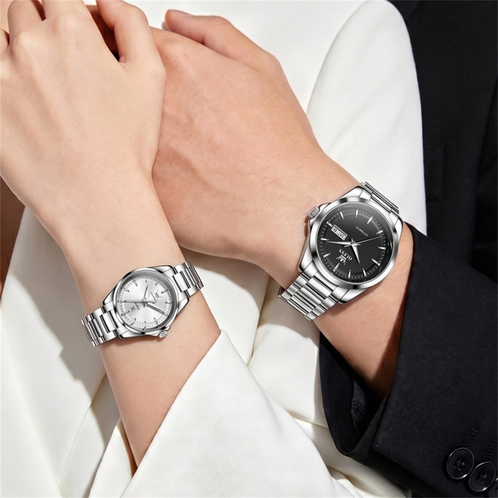 silver black men's and silver white women's watches on wrists - OLEVS 7090