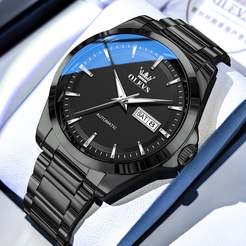 OLEVS 7090 Classic Dual Calendar Automatic Watch For Men - All Black Watch | Olevs Watch Store