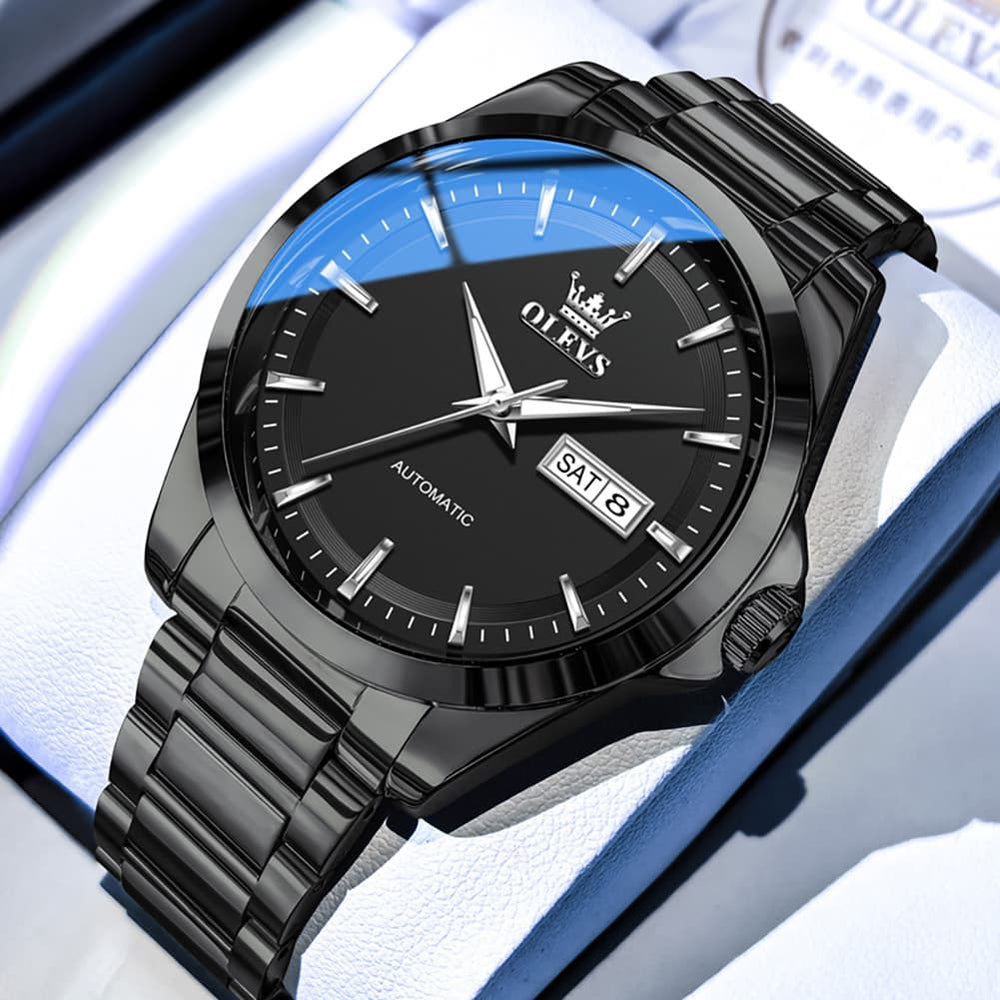 OLEVS 7090 Classic Dual Calendar Automatic Watch For Men - All Black Watch | Olevs Watch Store