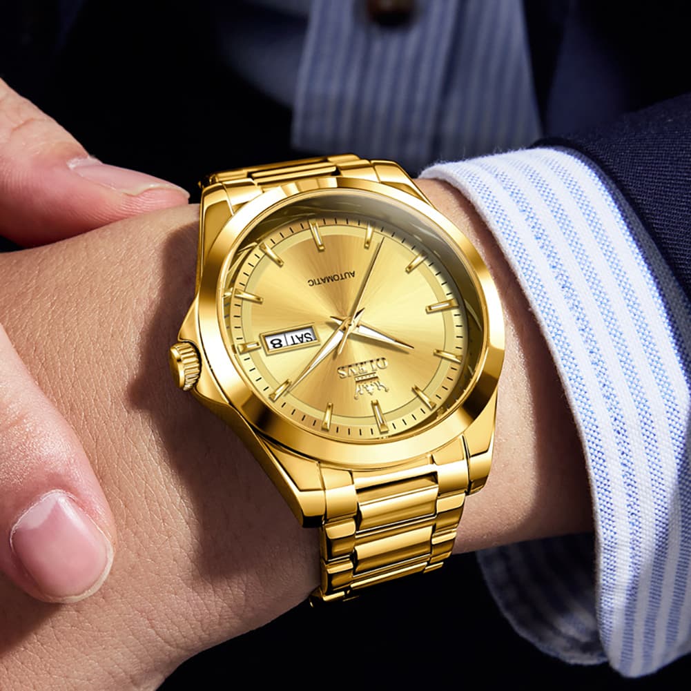 OLEVS 7090 Classic Dual Calendar Automatic Watch For Men - All Gold Watch | Olevs Watch Store
