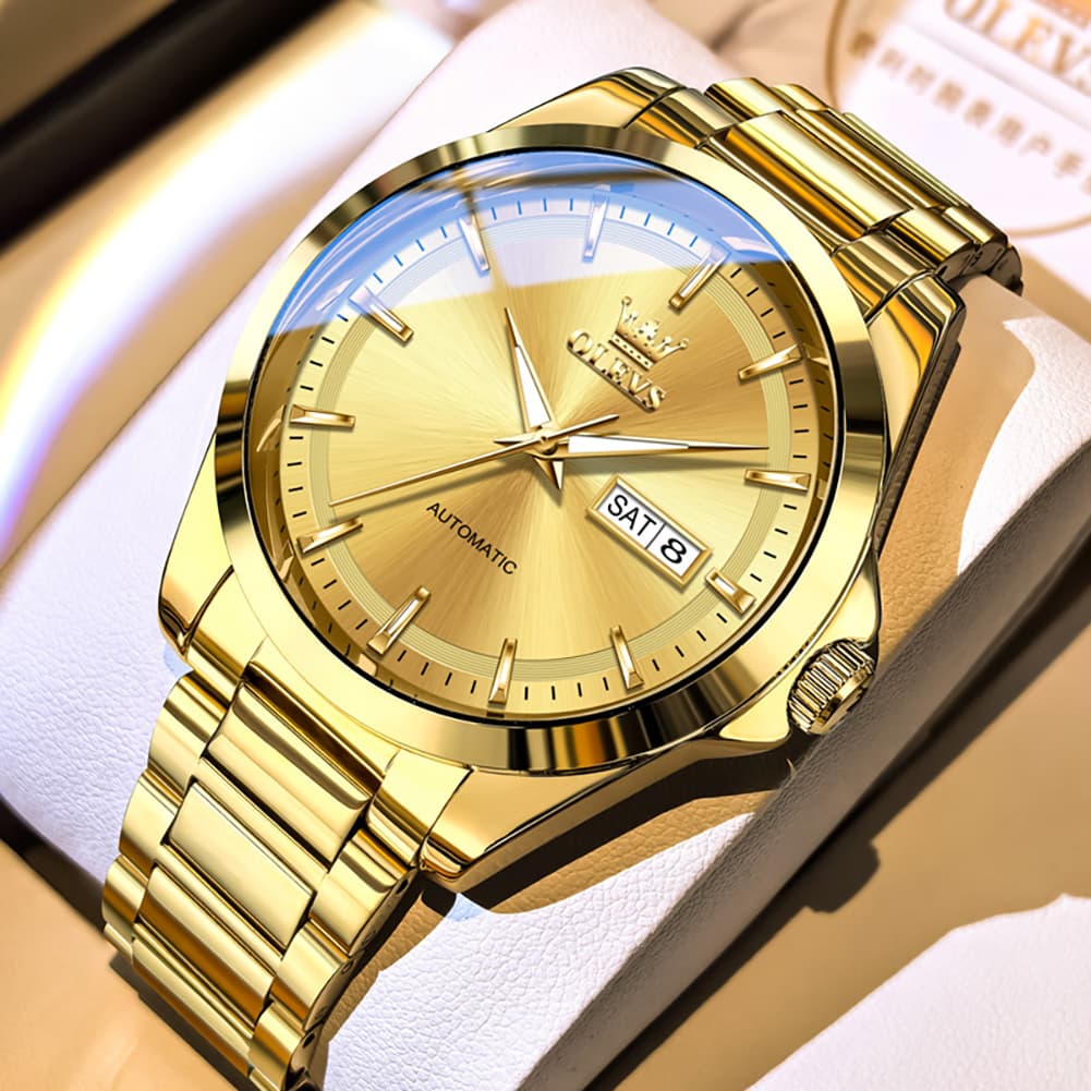 OLEVS 7090 Classic Dual Calendar Automatic Watch For Men - All Gold Watch | Olevs Watch Store