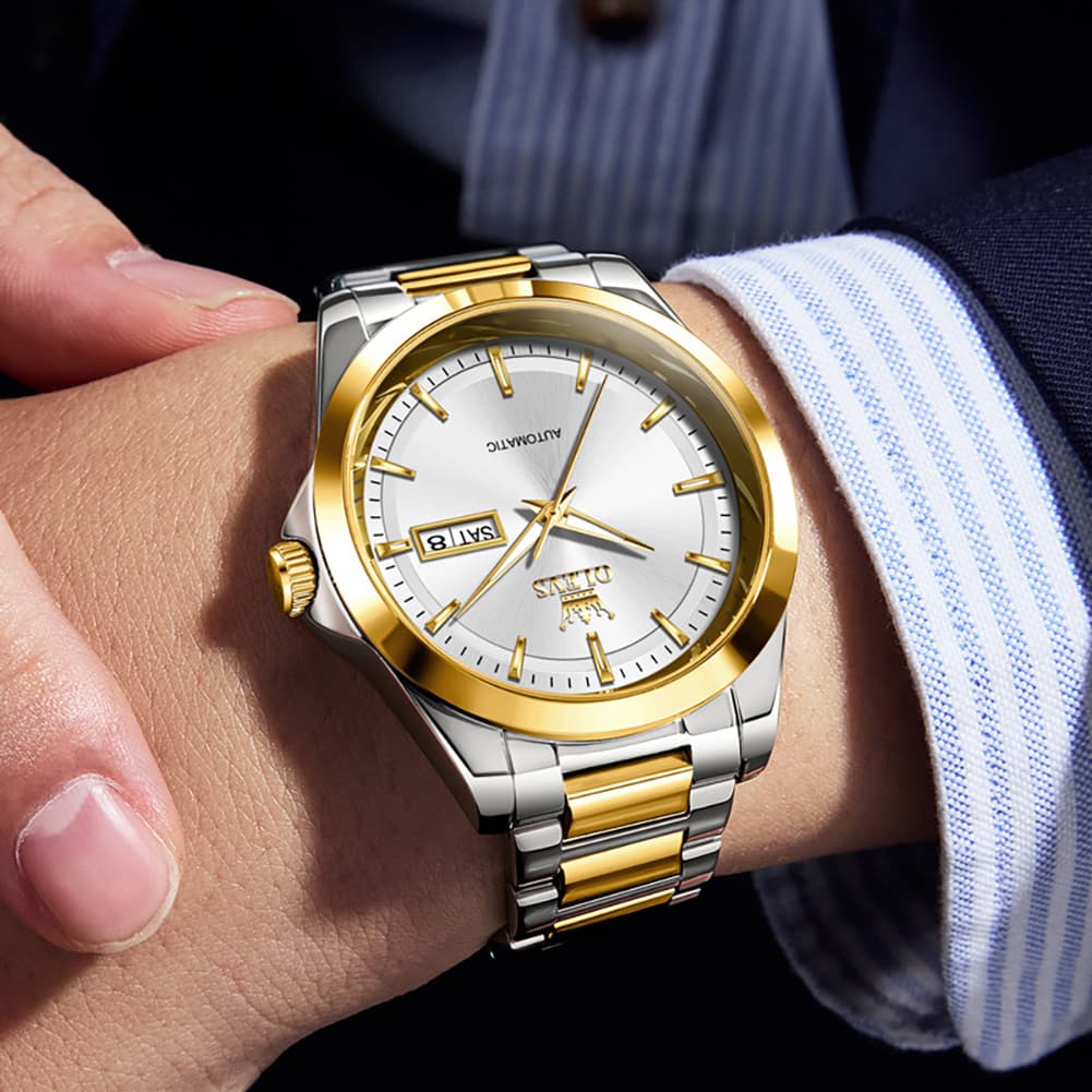 OLEVS 7090 Classic Dual Calendar Automatic Watch For Men - All Gold Watch | Olevs Watch Store