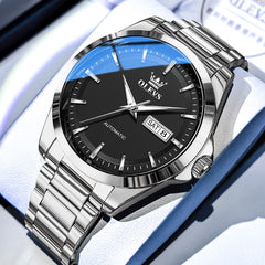 OLEVS 7090 Classic Dual Calendar Automatic Watch For Men - Silver Black Watch | Olevs Watch Store
