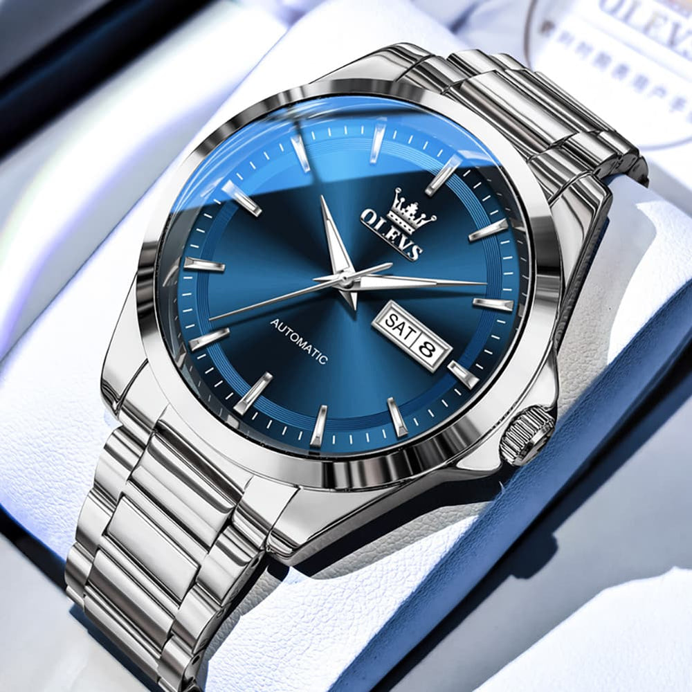 OLEVS 7090 Classic Dual Calendar Automatic Watch For Men - Silver Blue Watch | Olevs Watch Store