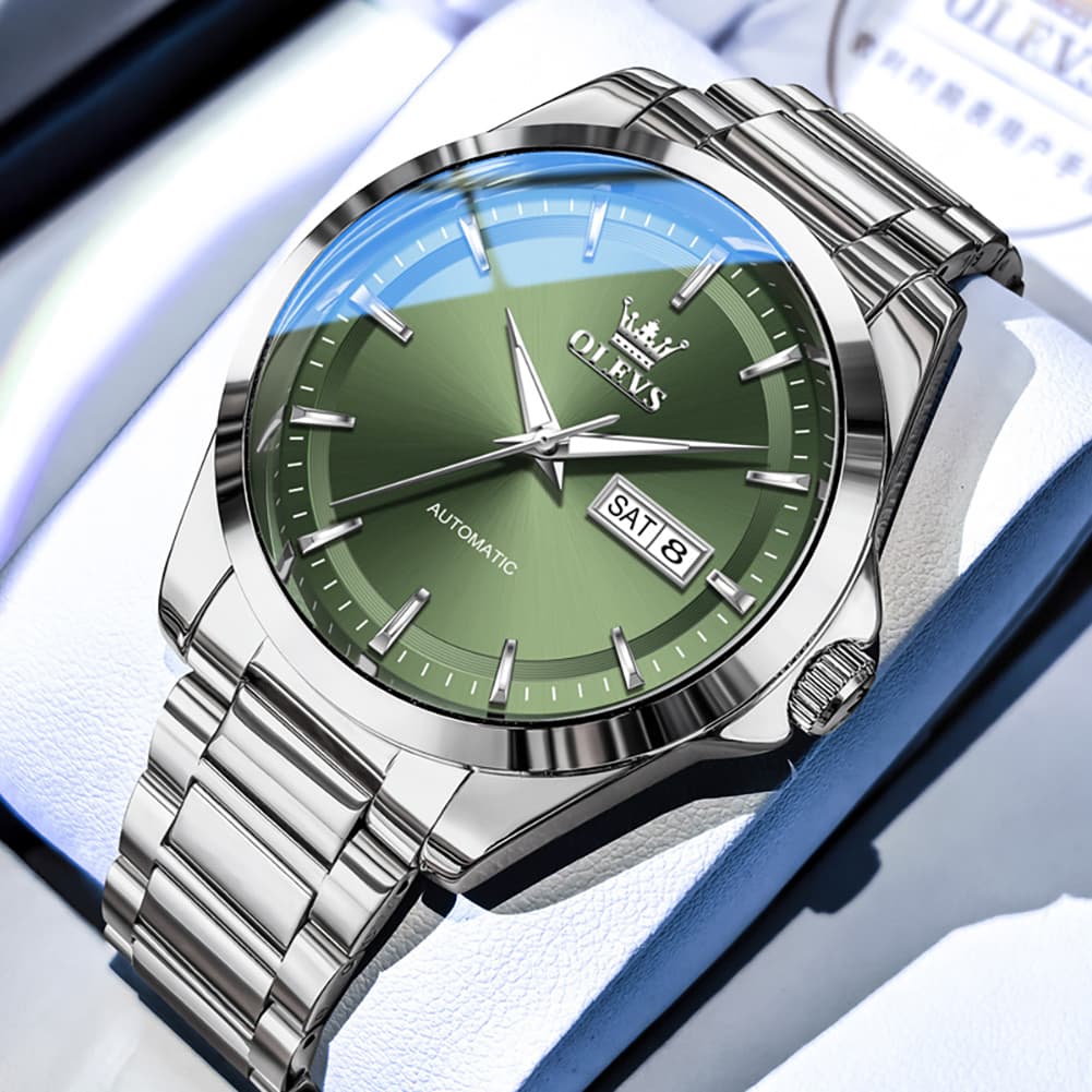 OLEVS 7090 Classic Dual Calendar Automatic Watch For Men - Silver Green Watch | Olevs Watch Store