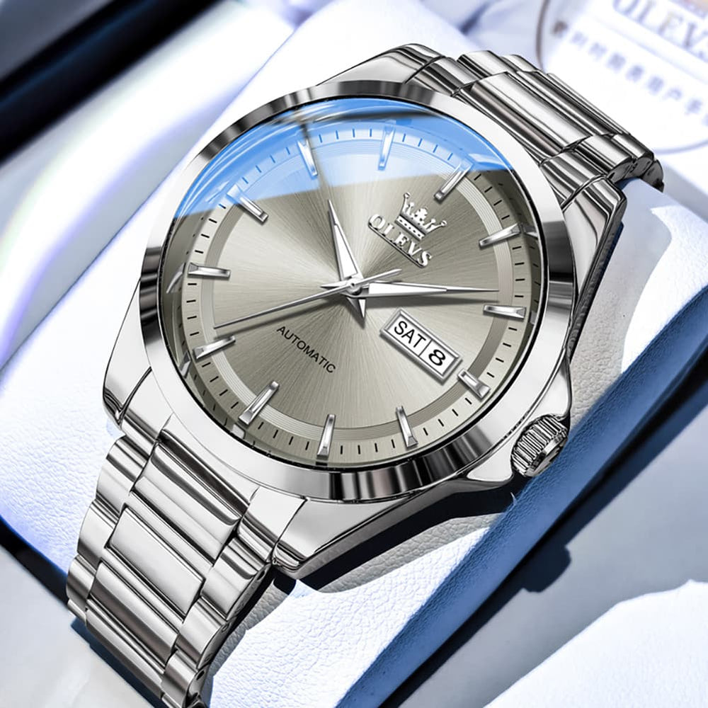 OLEVS 7090 Classic Dual Calendar Automatic Watch For Men - Silver Grey Watch | Olevs Watch Store