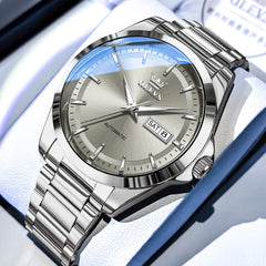 OLEVS 7090 Classic Dual Calendar Automatic Watch For Men - Silver Grey Watch | Olevs Watch Store