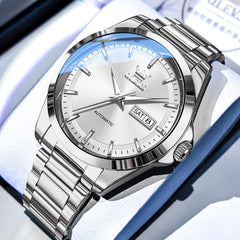 OLEVS 7090 Classic Dual Calendar Automatic Watch For Men - Silver White Watch | Olevs Watch Store