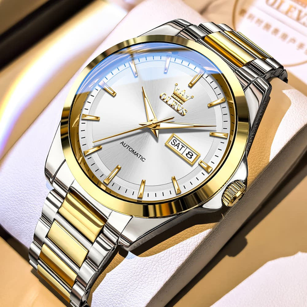 OLEVS 7090 Classic Dual Calendar Automatic Watch For Men - Two Tone White Watch | Olevs Watch Store