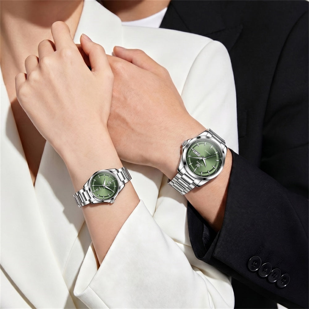 silver green matching watches worn by a couple - OLEVS 7090