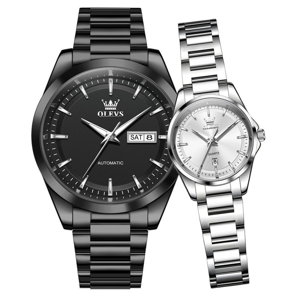 all black men's watch and silver white women's watch pair - OLEVS 7090