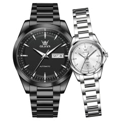 all black men's watch and silver white women's watch pair - OLEVS 7090
