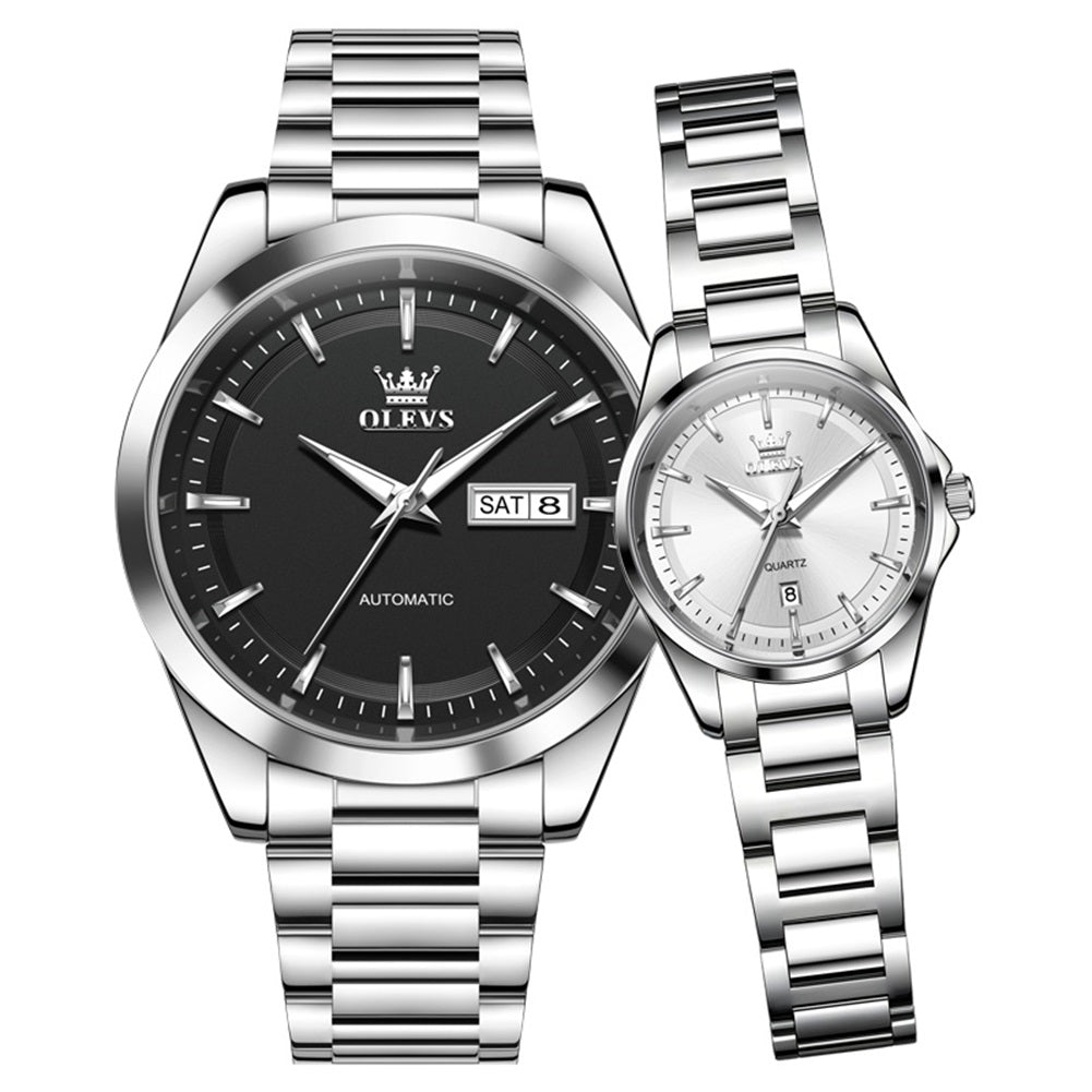 silver black men's watch and silver white women's watch pair - OLEVS 7090