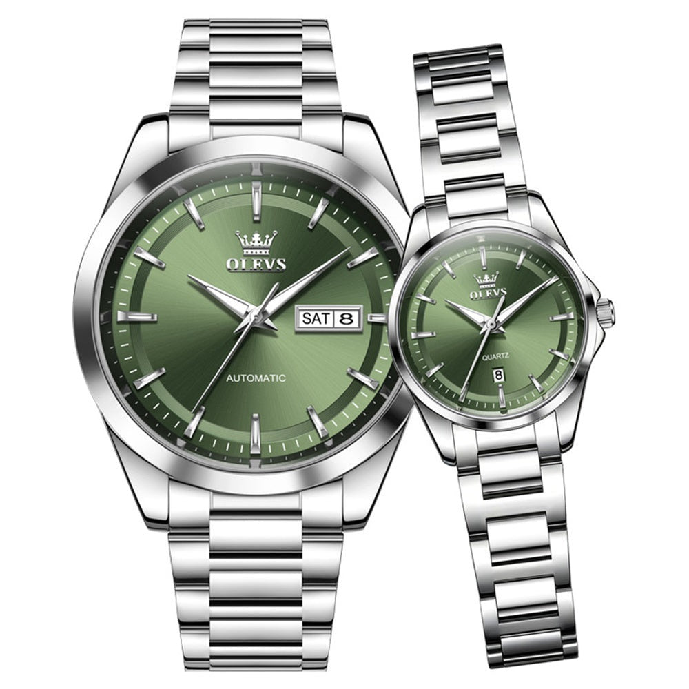 couple watch set silver green automatic men and quartz women - OLEVS 7090