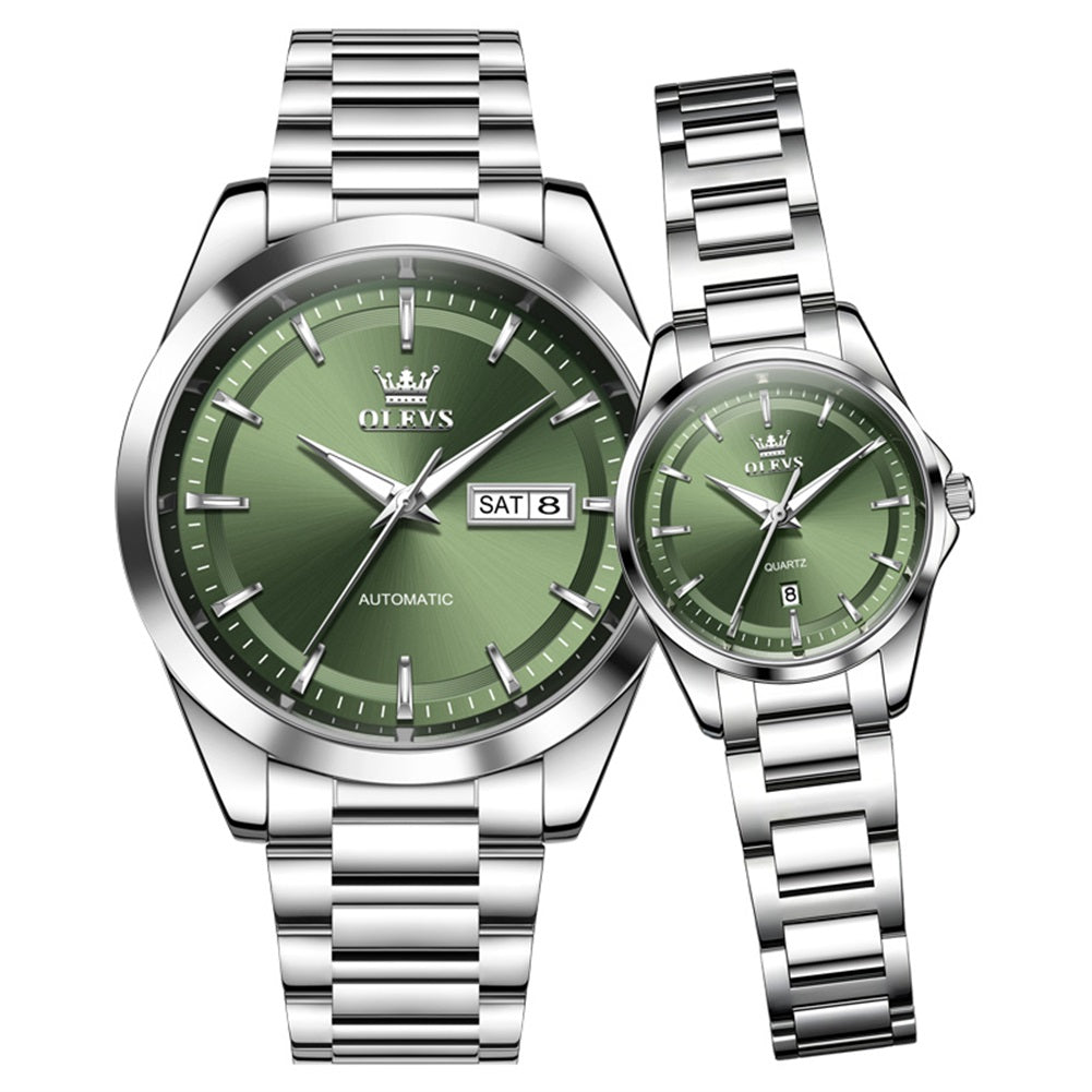 couple watch set silver green automatic men and quartz women - OLEVS 7090