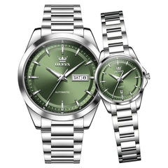 couple watch set silver green automatic men and quartz women - OLEVS 7090