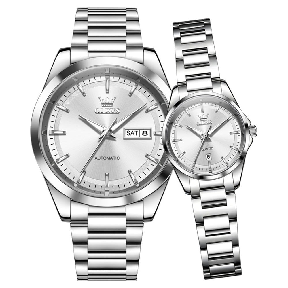 couple watch set silver white automatic men and quartz women - OLEVS 7090