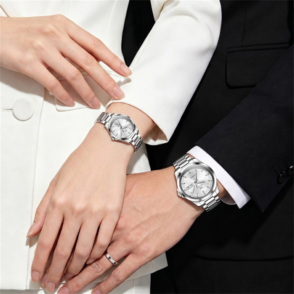 silver white matching watches worn by a couple - OLEVS 7090