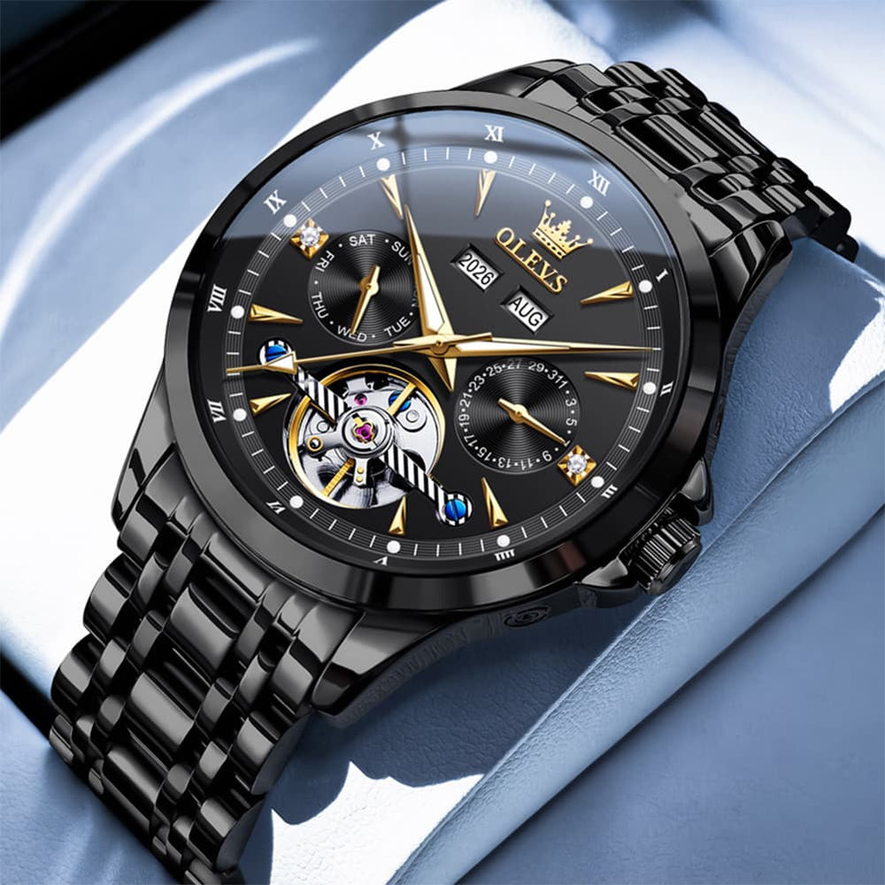 OLEVS 7091 Double Open Heart Multi-Function Automatic Watch For Men - All Black Watch | Olevs Watch Store