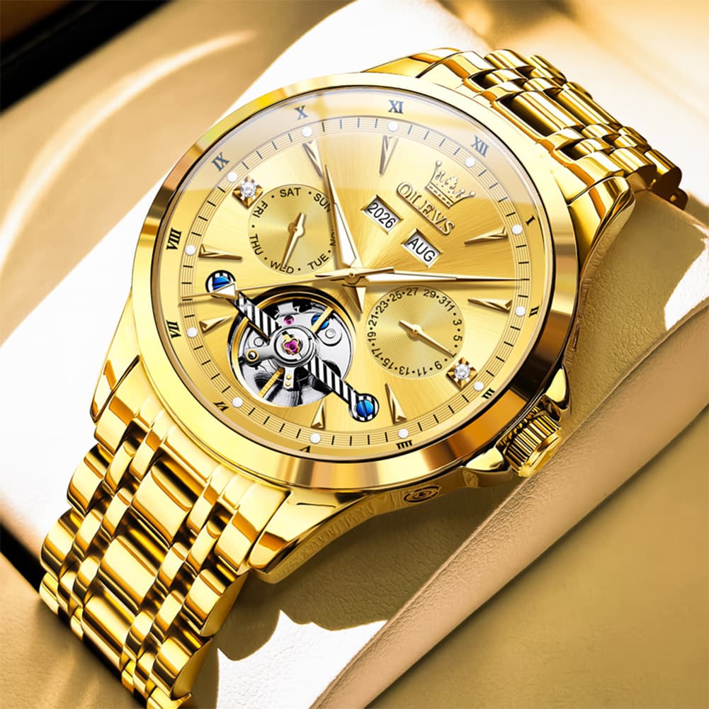 OLEVS 7091 Double Open Heart Multi-Function Automatic Watch For Men - All Gold Watch | Olevs Watch Store