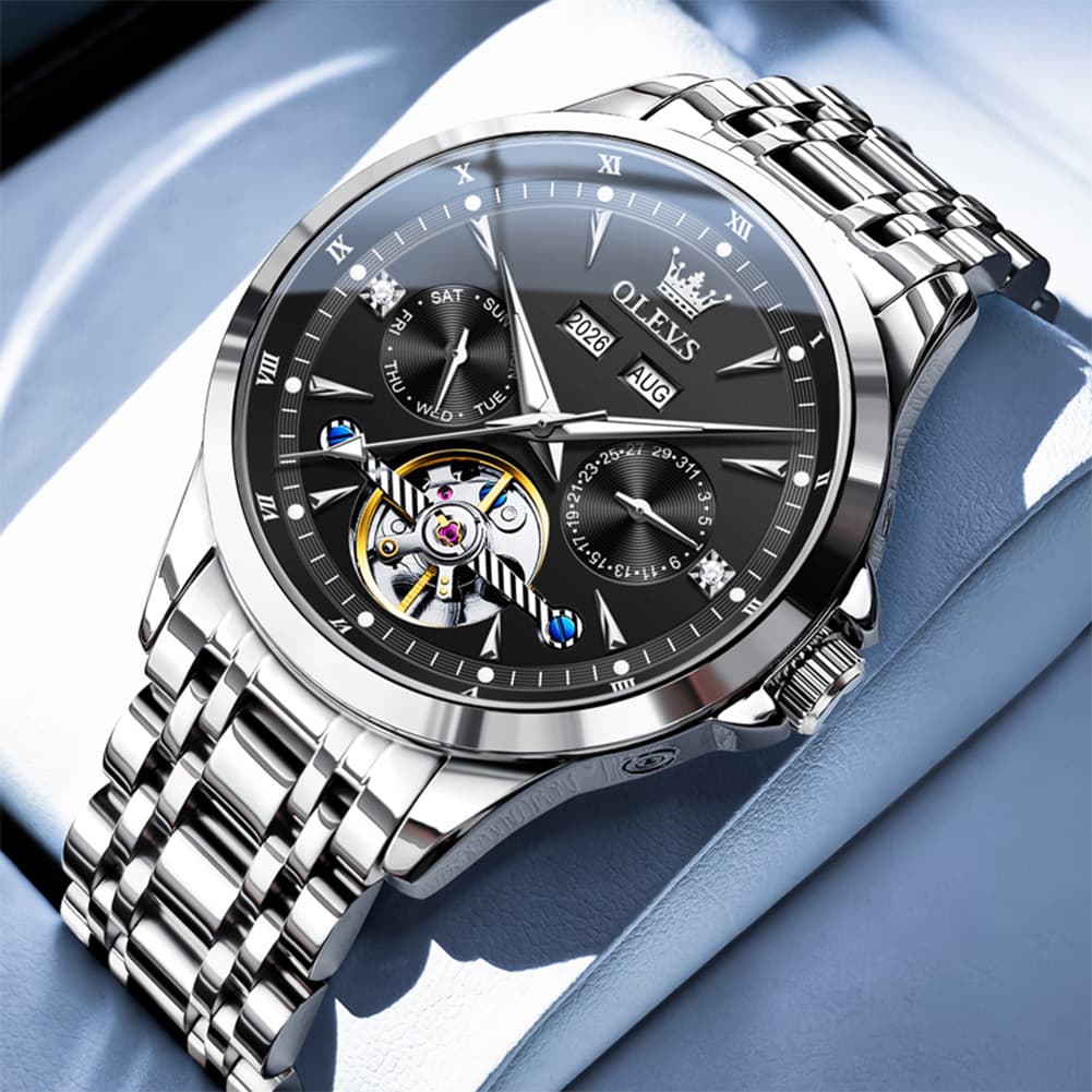 OLEVS 7091 Double Open Heart Multi-Function Automatic Watch For Men - Silver Black Watch | Olevs Watch Store