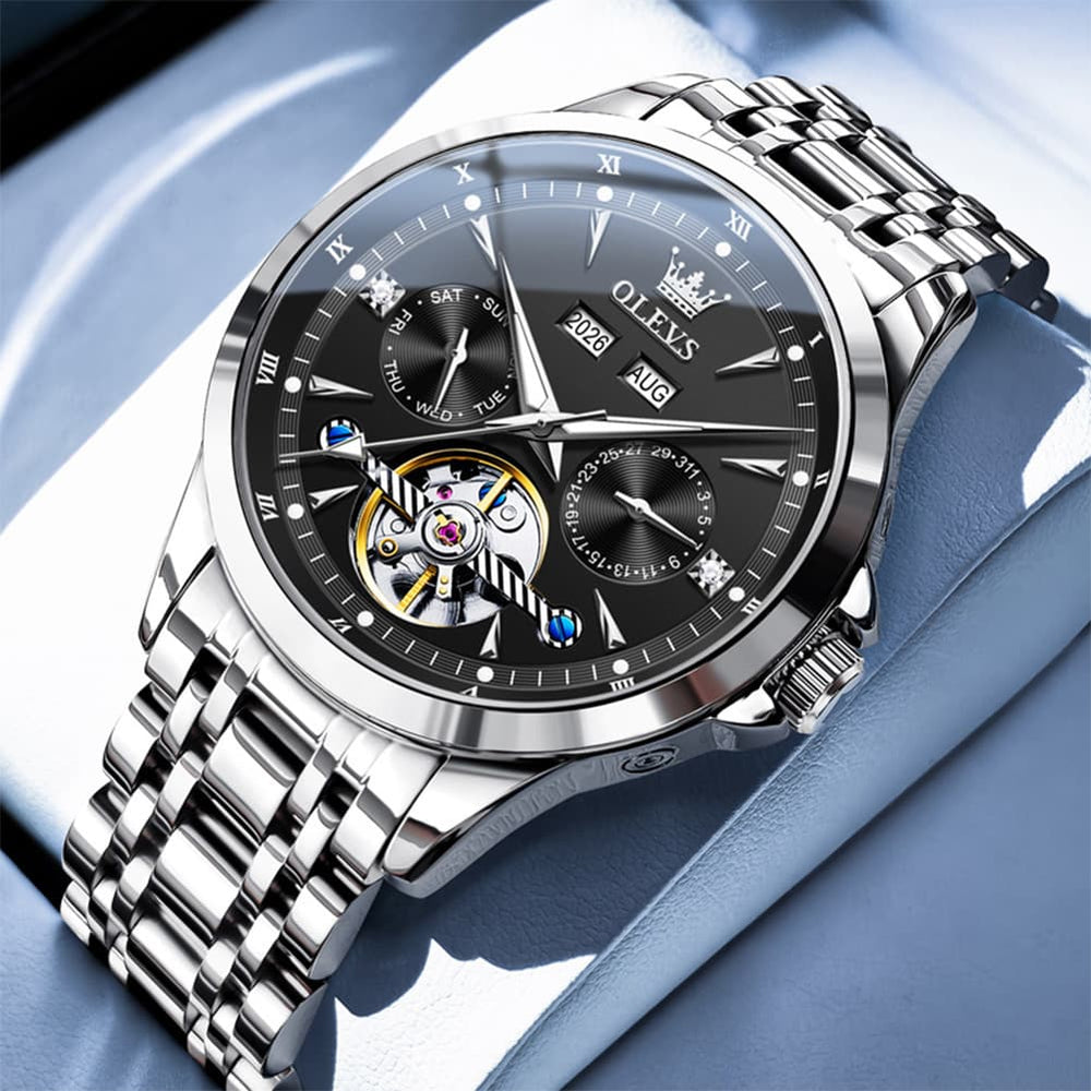 OLEVS 7091 Double Open Heart Multi-Function Automatic Watch For Men - Silver Black Watch | Olevs Watch Store