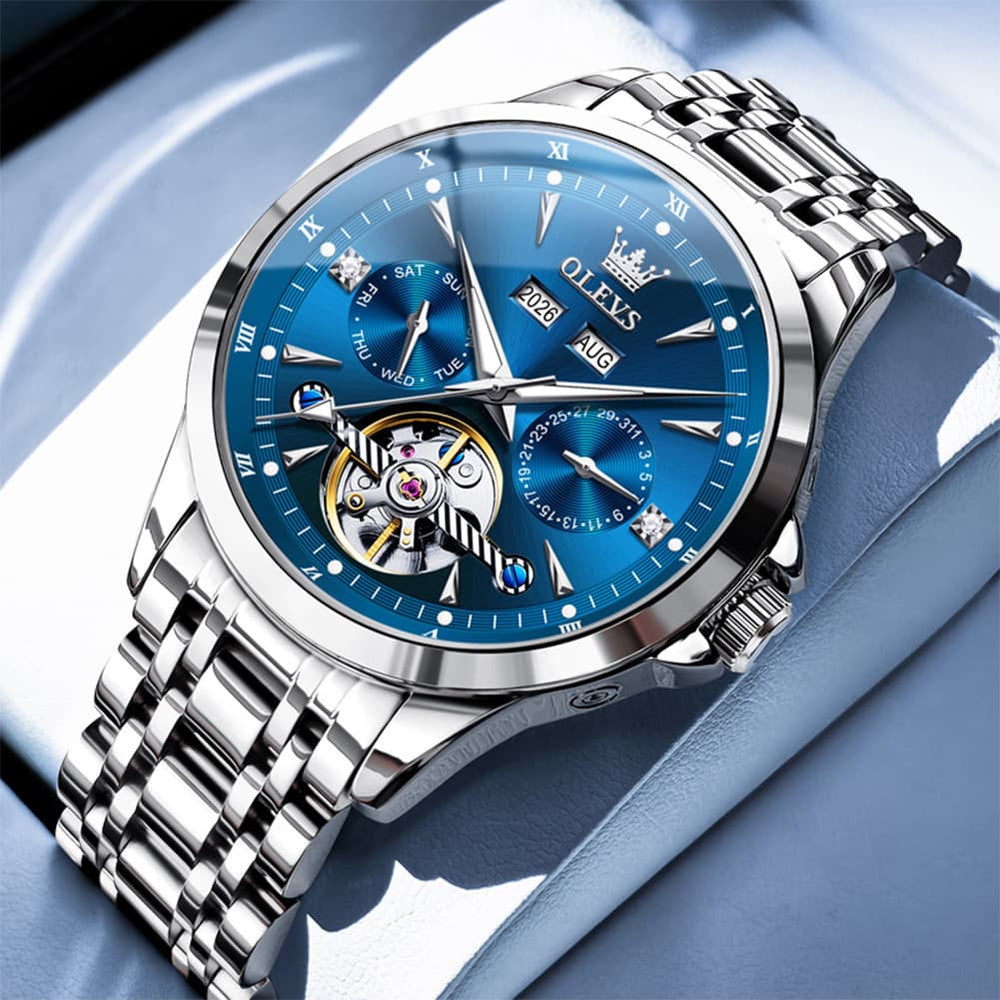 OLEVS 7091 Double Open Heart Multi-Function Automatic Watch For Men - Silver Blue Watch | Olevs Watch Store