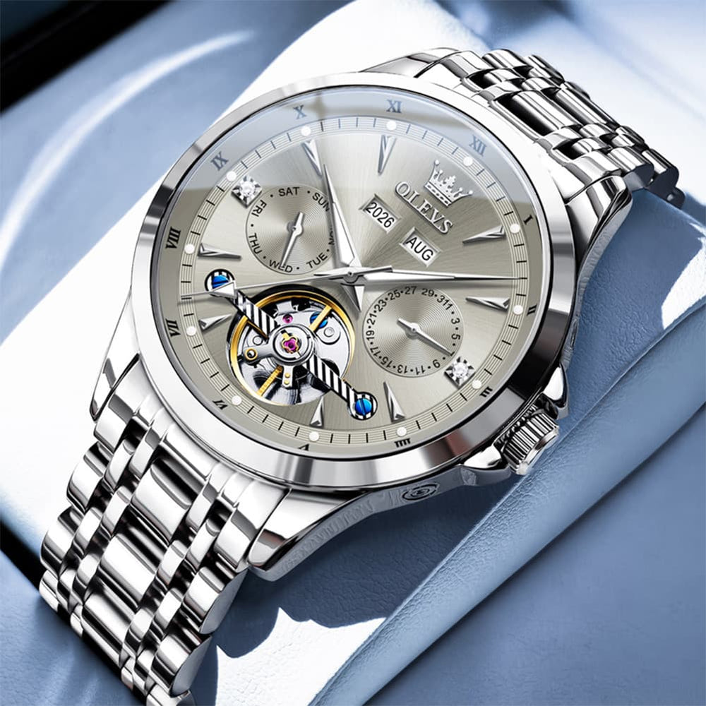 OLEVS 7091 Double Open Heart Multi-Function Automatic Watch For Men - Silver Grey Watch | Olevs Watch Store