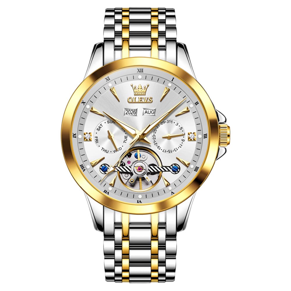 OLEVS 7091 Double Open Heart Multi-Function Automatic Watch For Men - Silver White Watch | Olevs Watch Store
