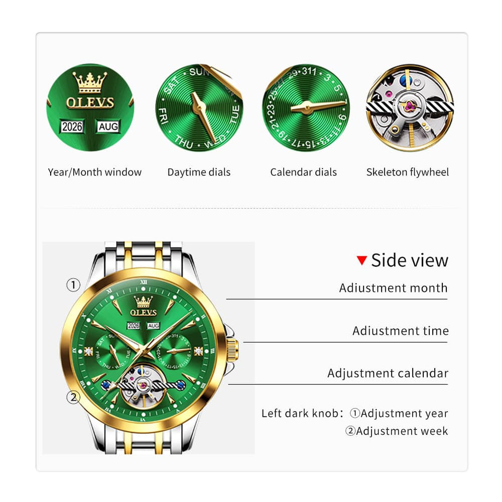 OLEVS 7091 Double Open Heart Multi-Function Automatic Watch For Men - Silver White Watch | Olevs Watch Store