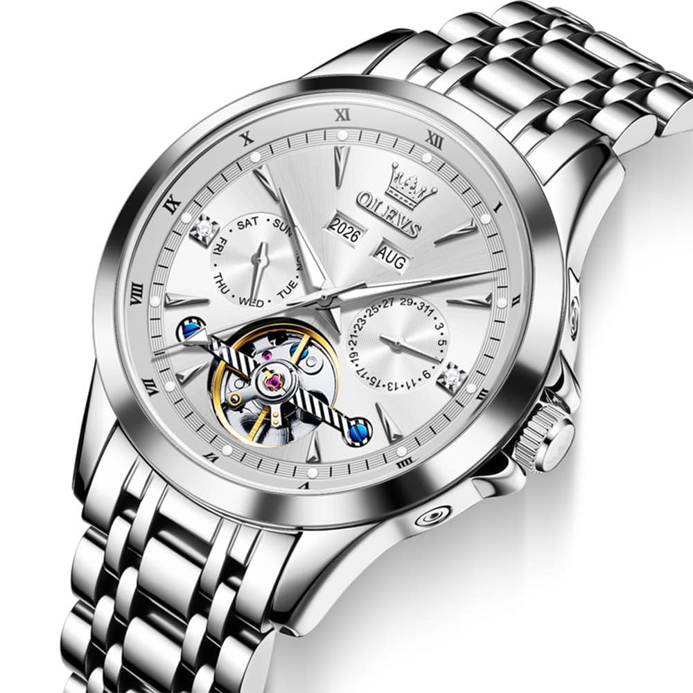 OLEVS 7091 Double Open Heart Multi-Function Automatic Watch For Men - Silver White Watch | Olevs Watch Store