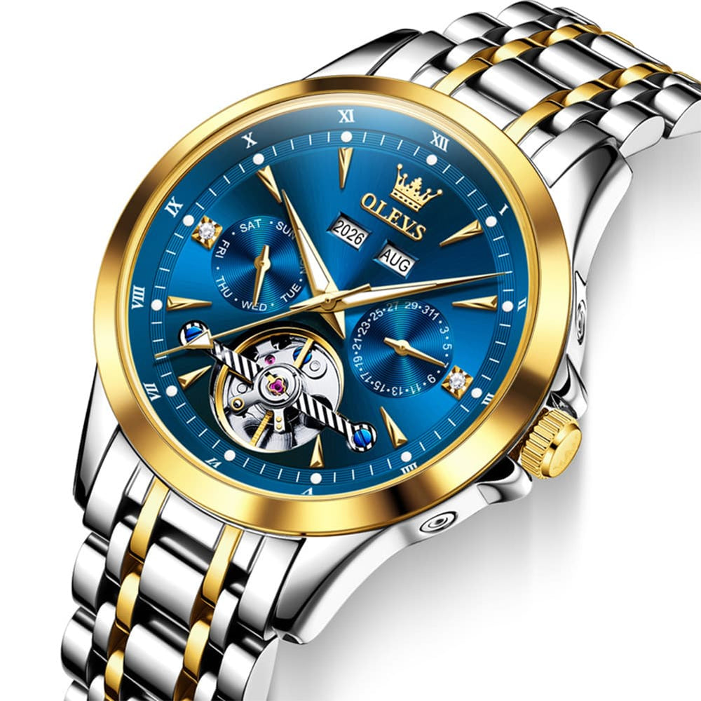 OLEVS 7091 Double Open Heart Multi-Function Automatic Watch For Men - Silver White Watch | Olevs Watch Store