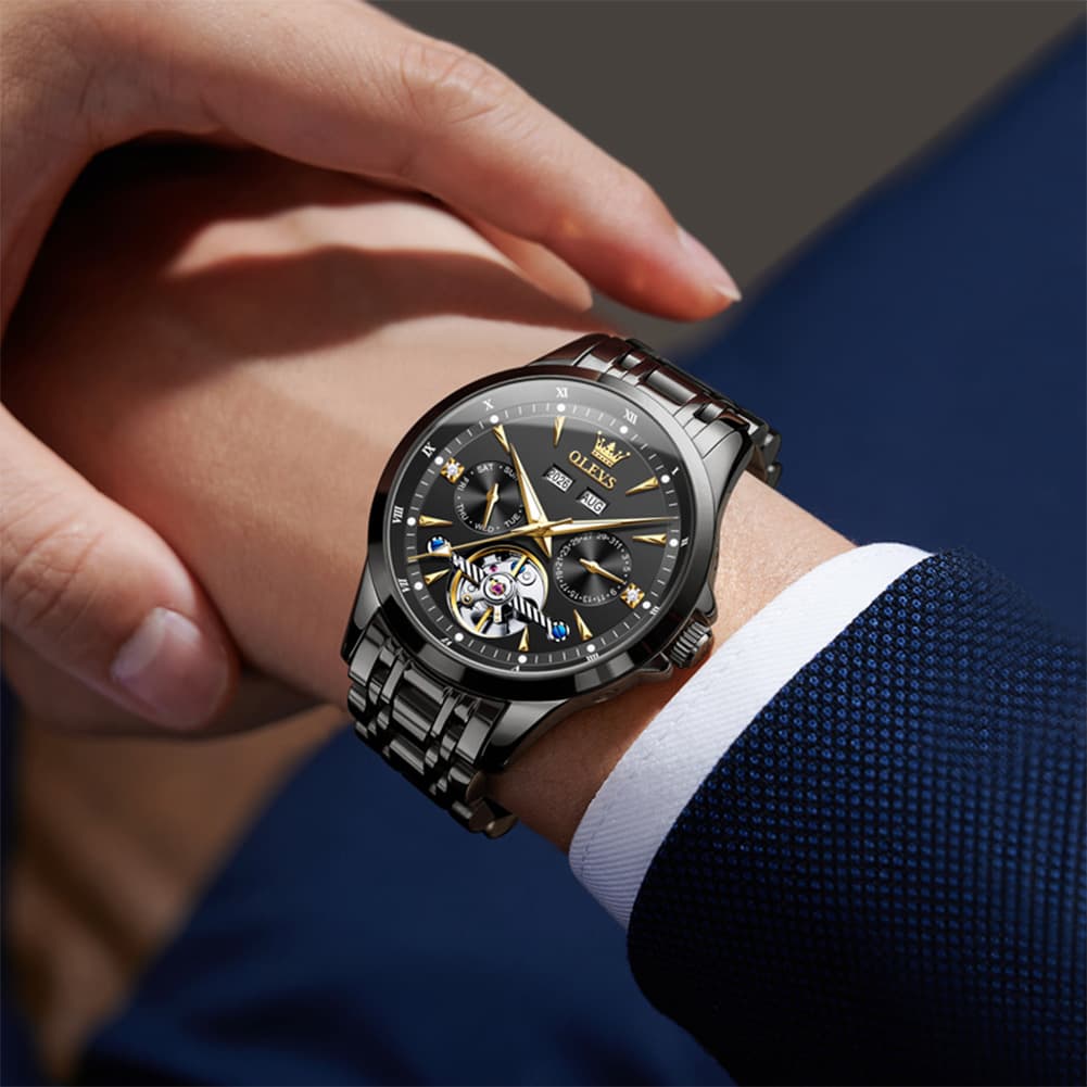 OLEVS 7091 Double Open Heart Multi-Function Automatic Watch For Men - Silver White Watch | Olevs Watch Store