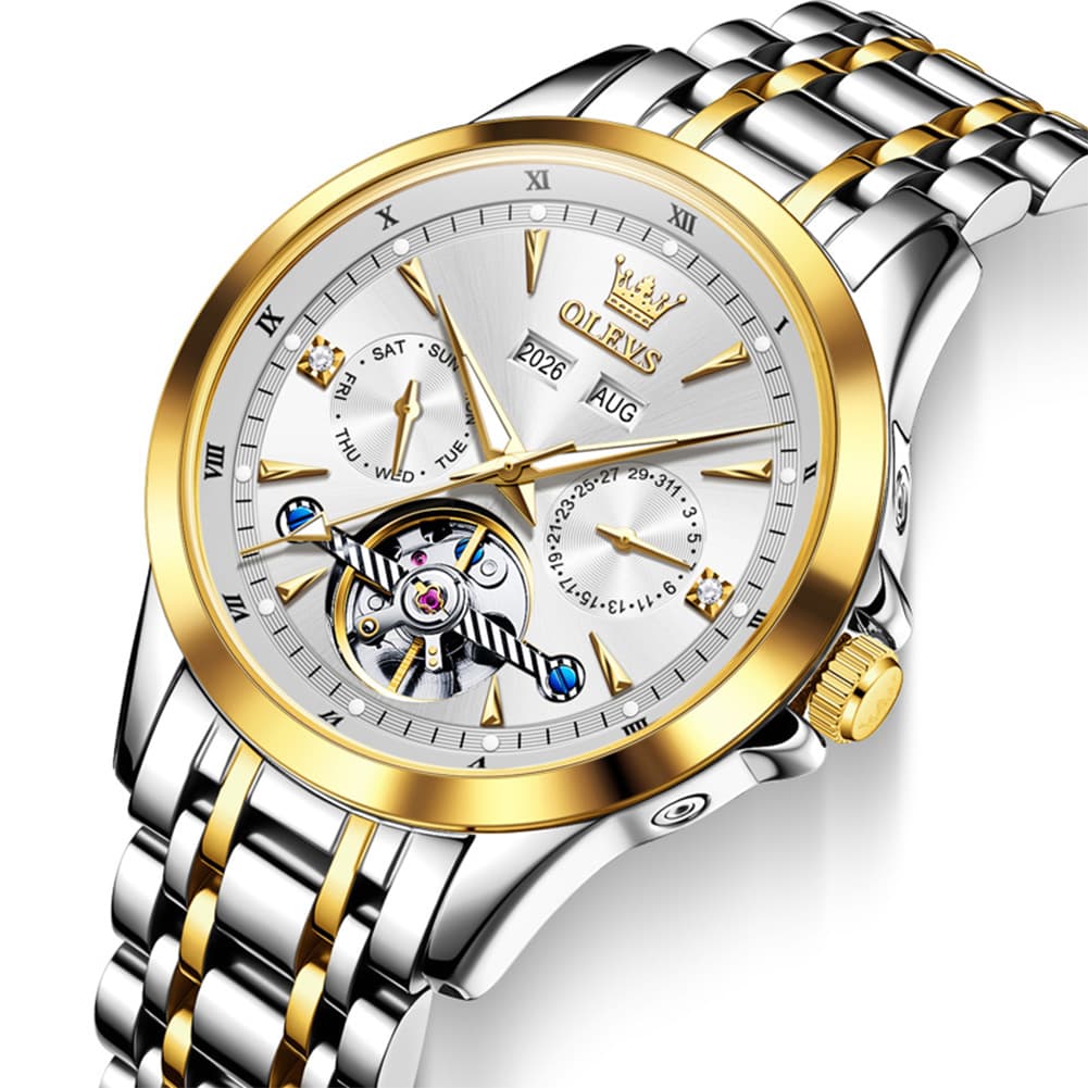 OLEVS 7091 Double Open Heart Multi-Function Automatic Watch For Men - Silver White Watch | Olevs Watch Store